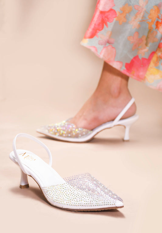 MiraMist Sparkling Pearled Slingback Kitten Heels