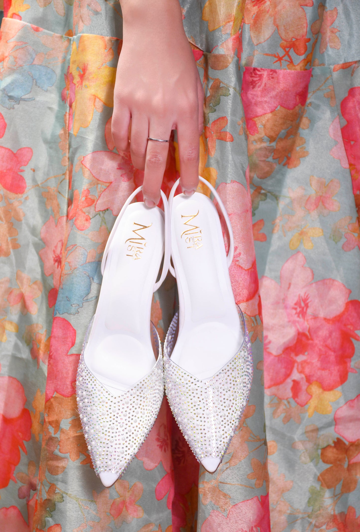 MiraMist Sparkling Pearled Slingback Kitten Heels