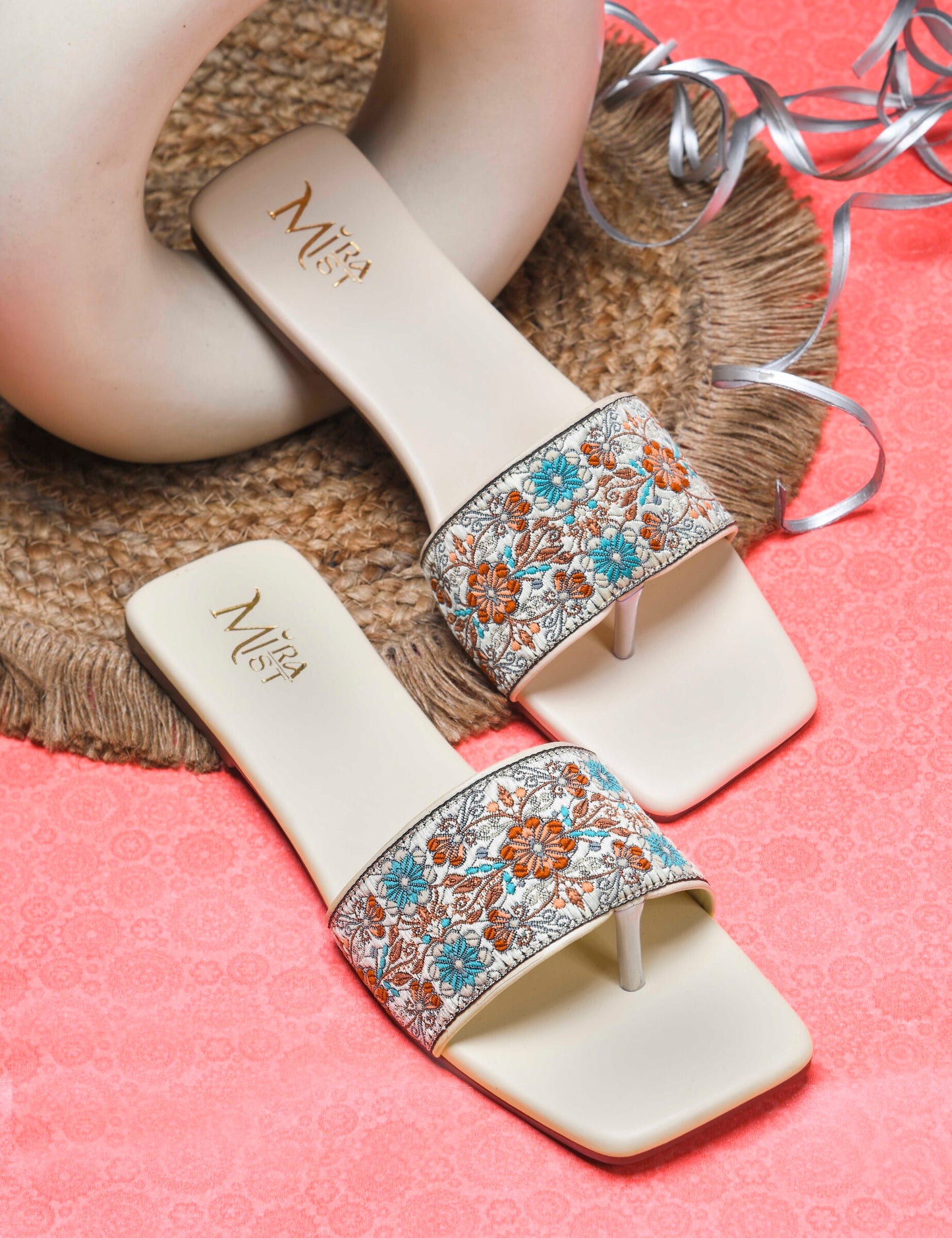 MiraMist Embroidered Ethnic Slide Sandals for Women & Girl - Perfect Flat Slip-On for Festive, Casual & Everyday Wear