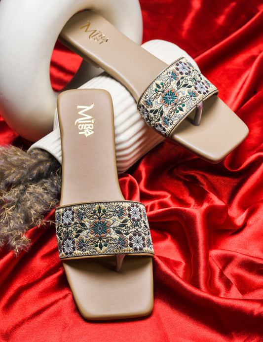 MiraMist Embroidered Ethnic Slide Sandals for Women & Girl - Perfect Flat Slip-On for Festive, Casual & Everyday Wear