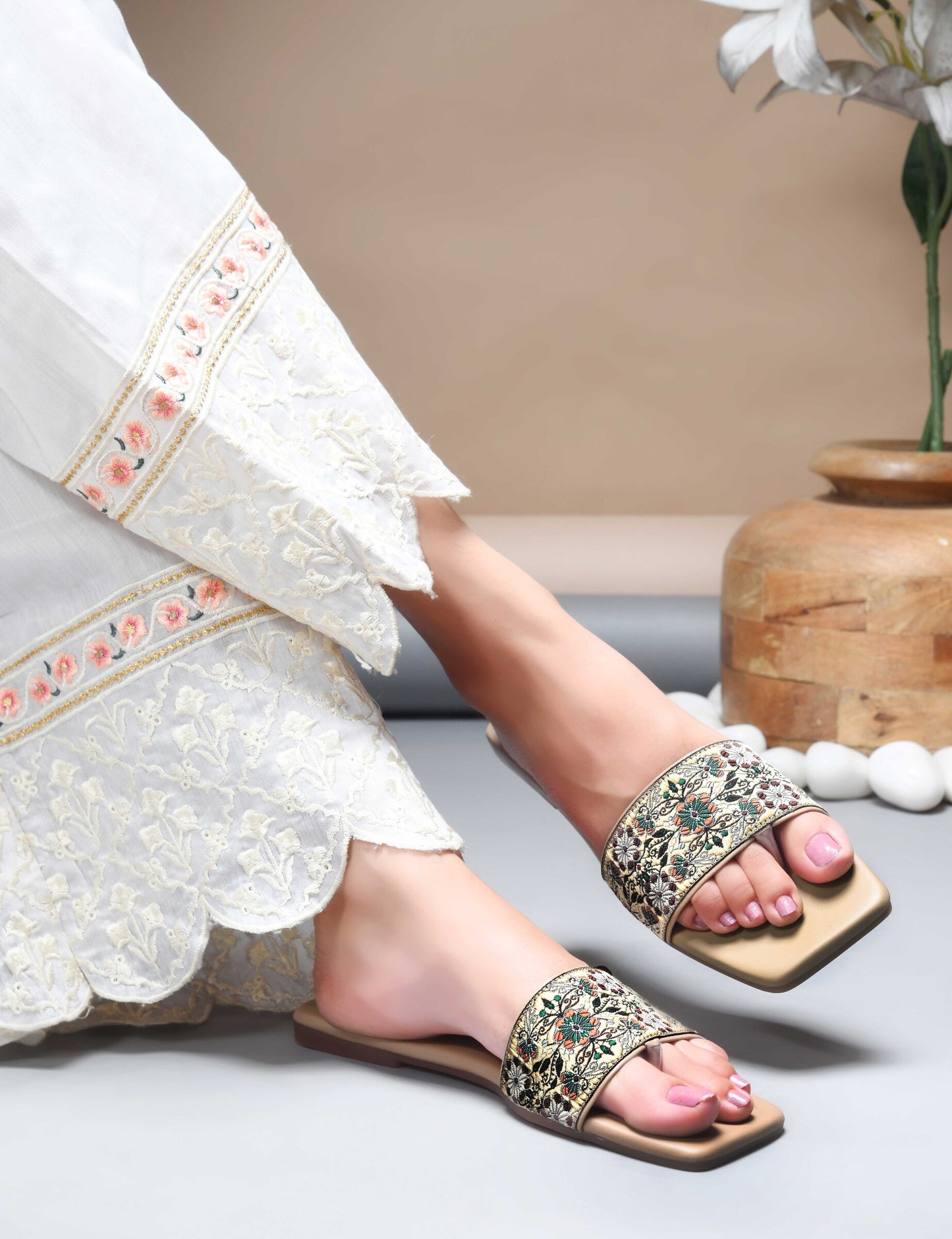 MiraMist Embroidered Ethnic Slide Sandals for Women & Girl - Perfect Flat Slip-On for Festive, Casual & Everyday Wear