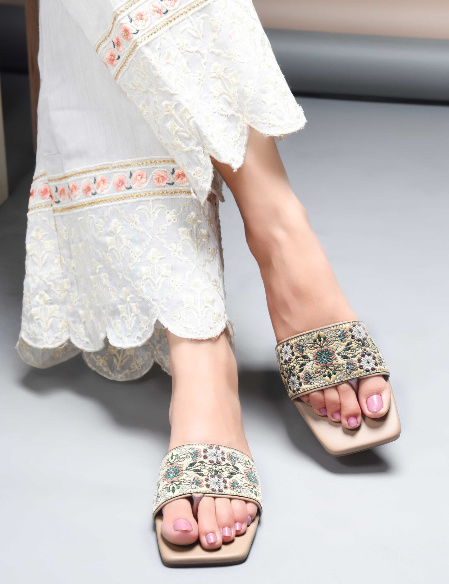 MiraMist Embroidered Ethnic Slide Sandals for Women & Girl - Perfect Flat Slip-On for Festive, Casual & Everyday Wear