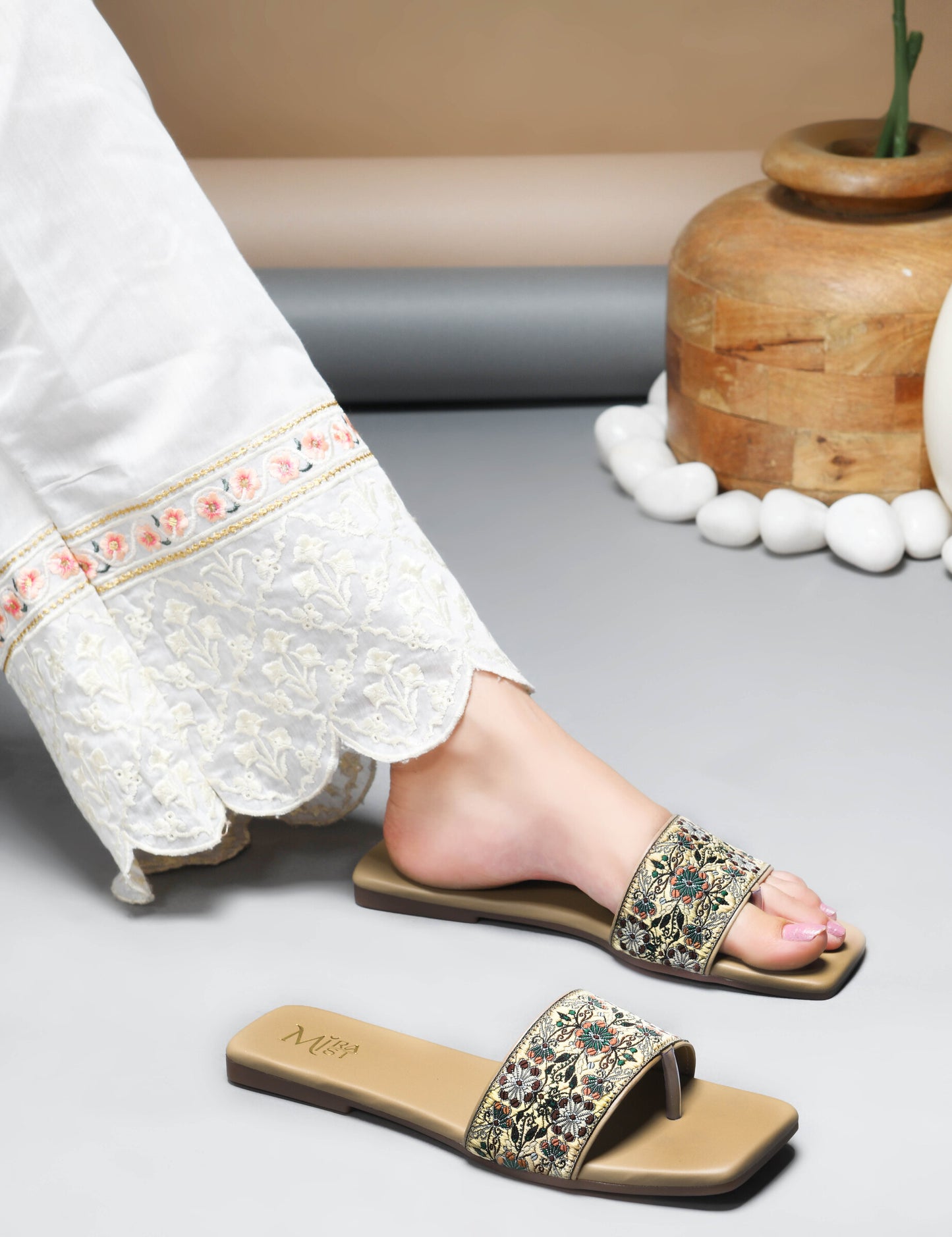 MiraMist Embroidered Ethnic Slide Sandals for Women & Girl - Perfect Flat Slip-On for Festive, Casual & Everyday Wear