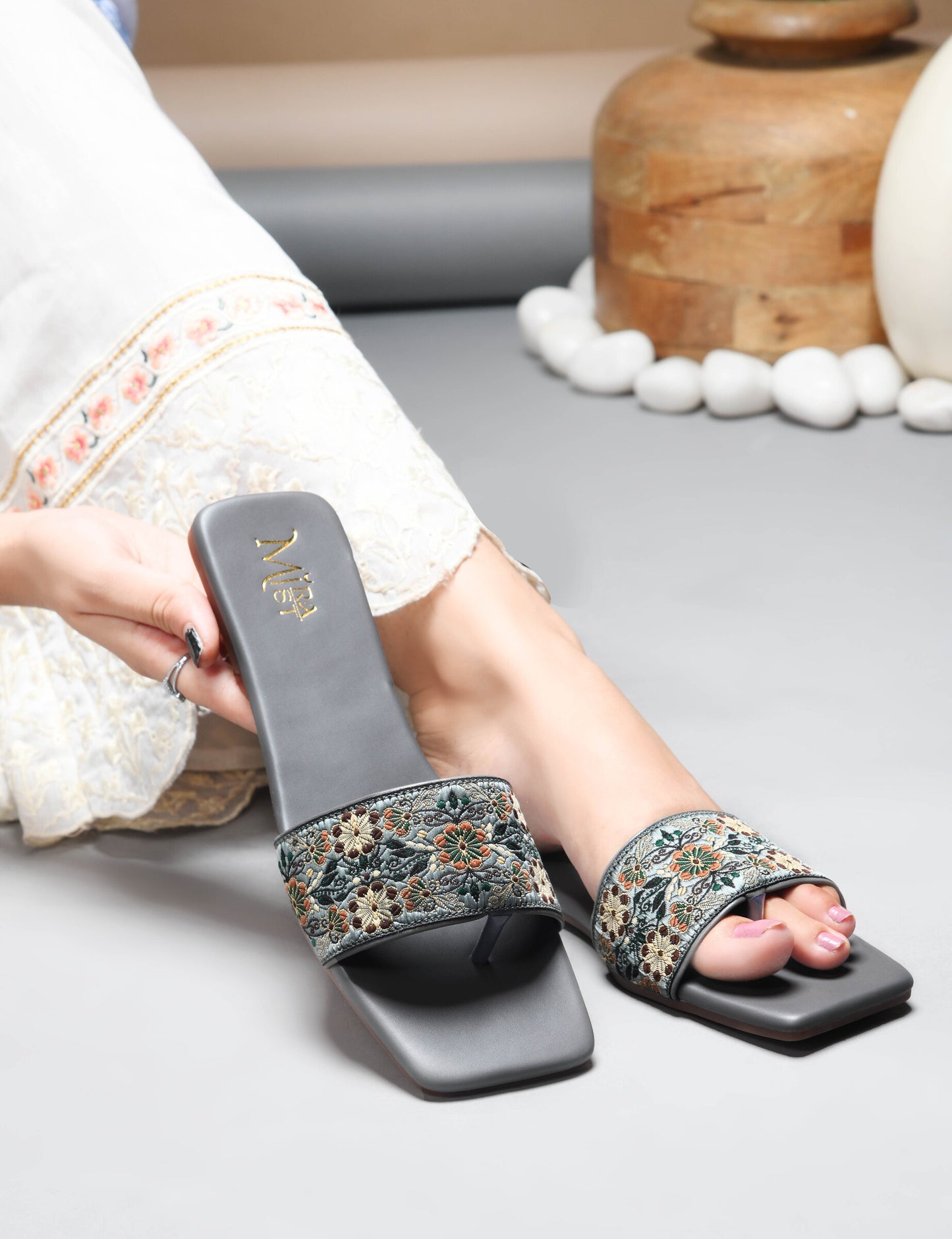 MiraMist Embroidered Ethnic Slide Sandals for Women & Girl - Perfect Flat Slip-On for Festive, Casual & Everyday Wear