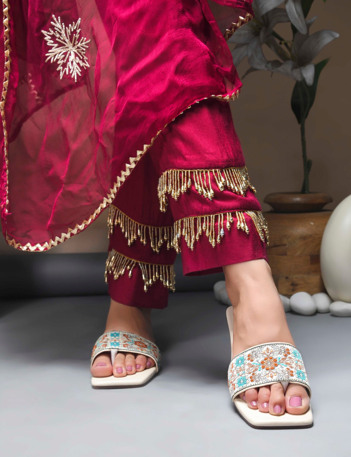 MiraMist Embroidered Ethnic Slide Sandals for Women & Girl - Perfect Flat Slip-On for Festive, Casual & Everyday Wear