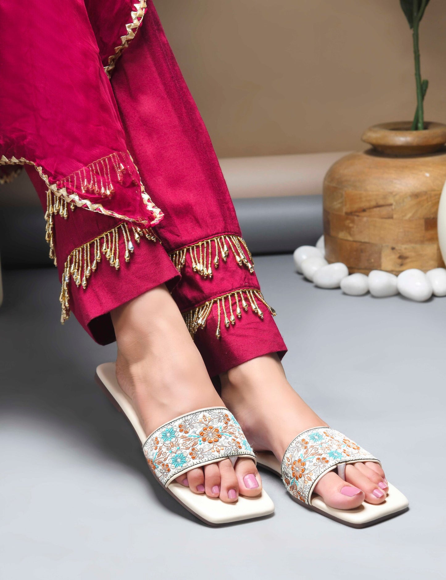 MiraMist Embroidered Ethnic Slide Sandals for Women & Girl - Perfect Flat Slip-On for Festive, Casual & Everyday Wear