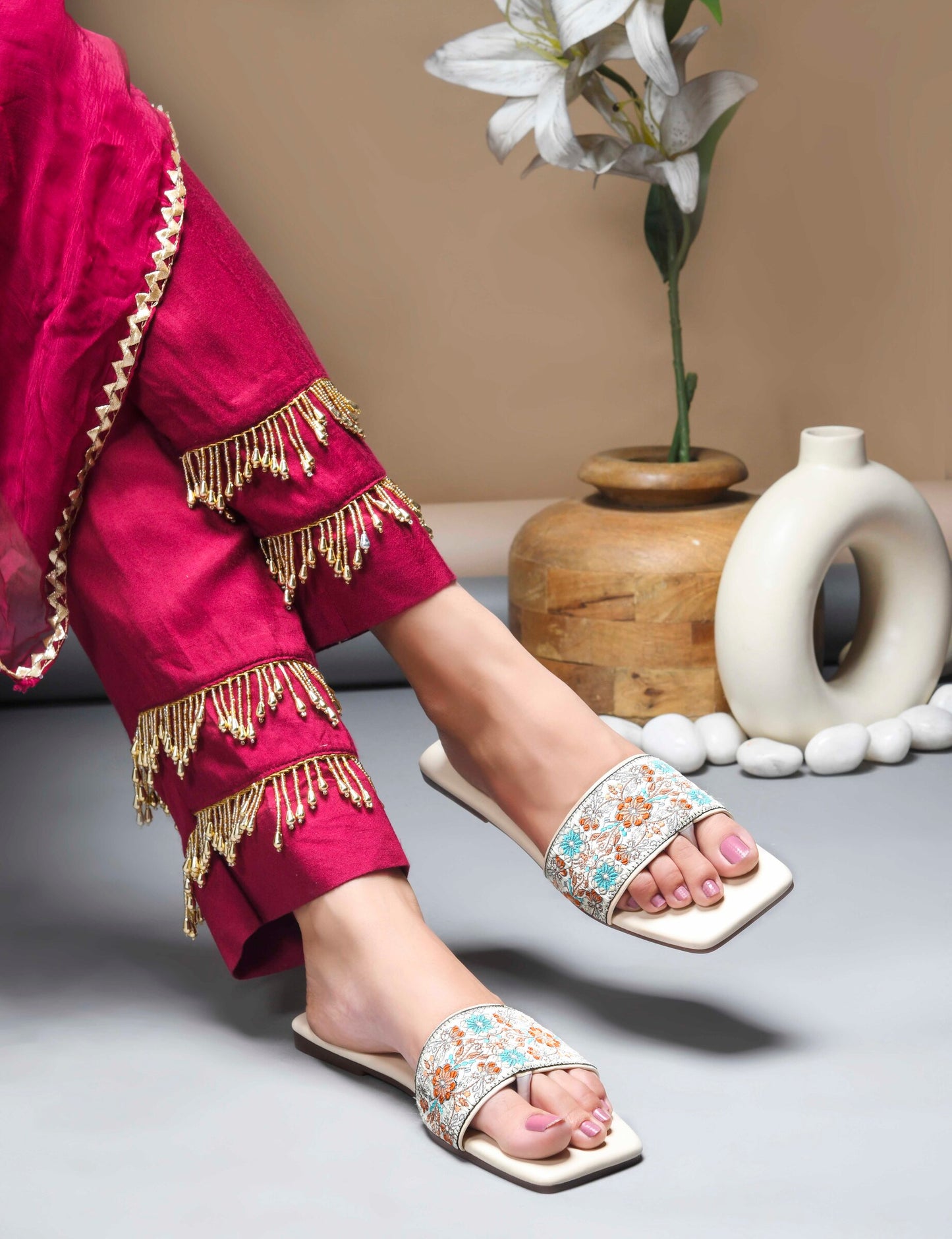 MiraMist Embroidered Ethnic Slide Sandals for Women & Girl - Perfect Flat Slip-On for Festive, Casual & Everyday Wear