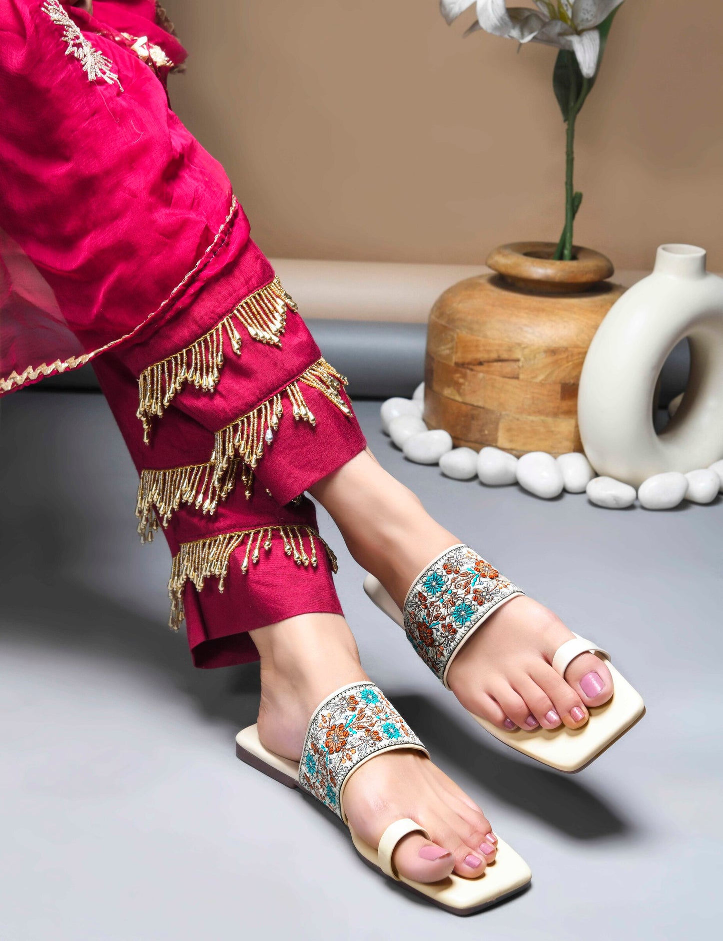 MiraMist Embroidered Ethnic Toe-Loop Flats for Women & Girl - Traditional Yet Trendy Slip-Ons Slides for Festive, Casual & Everyday Wear