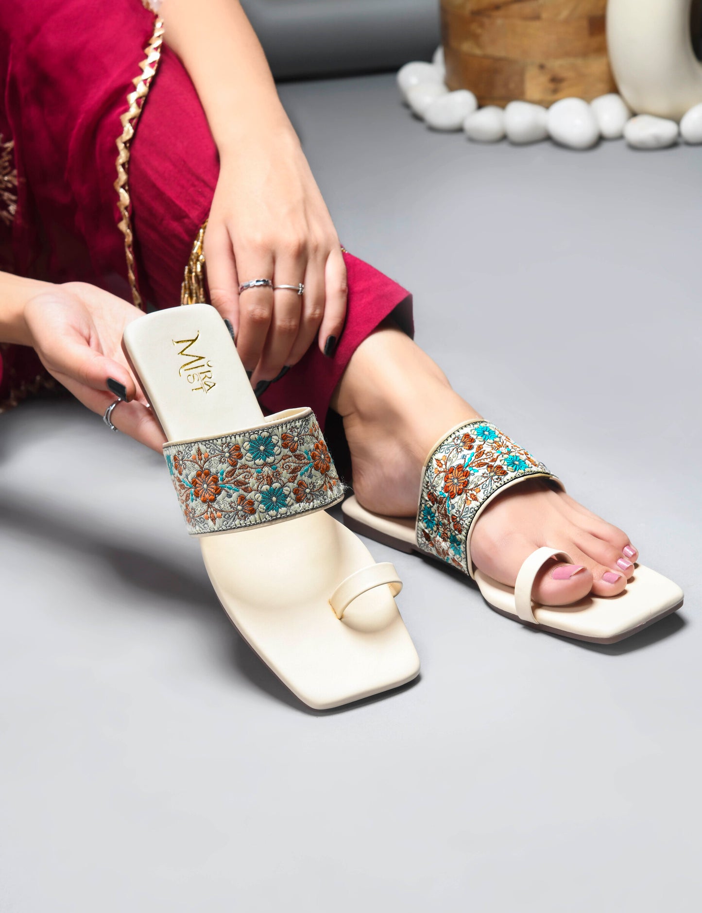 MiraMist Embroidered Ethnic Toe-Loop Flats for Women & Girl - Traditional Yet Trendy Slip-Ons Slides for Festive, Casual & Everyday Wear