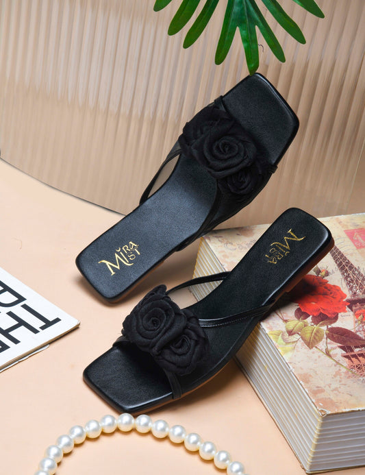 Miramist Black Floral Mesh Slip-On Flats for Women – Comfortable Square Toe Summer Slides