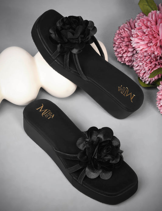 MiraMist Women’s Trendy Black Wedges | Lightweight Floral Heel Sandals for Casual & Party Wear