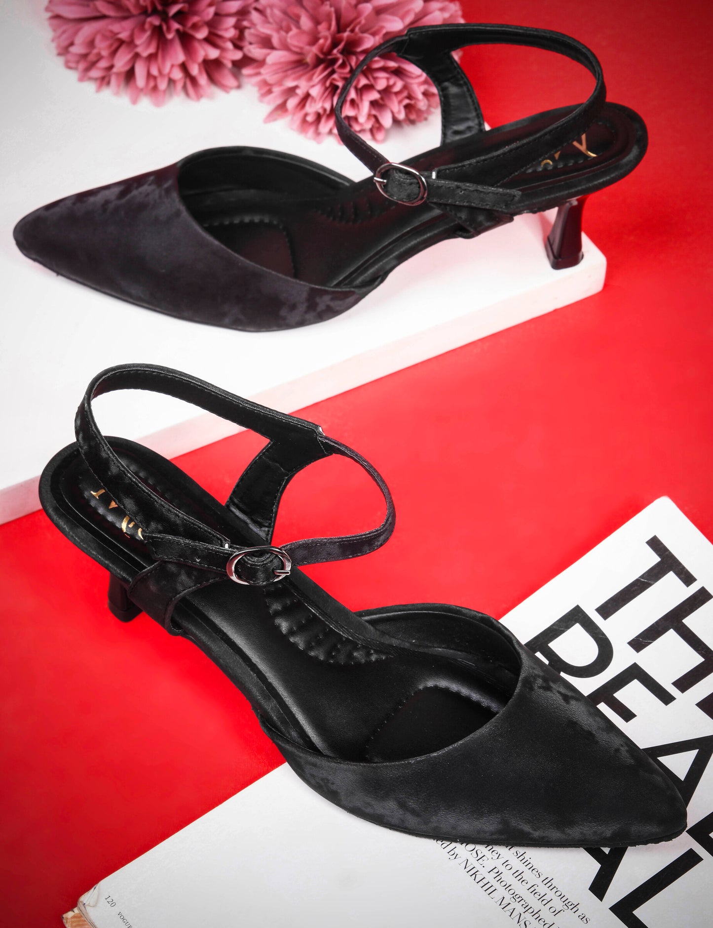 MiraMist Women’s Black Printed Heels | Stylish Pointed Toe Sandals with Ankle Strap | Party Wear & Casual Fashion Footwear