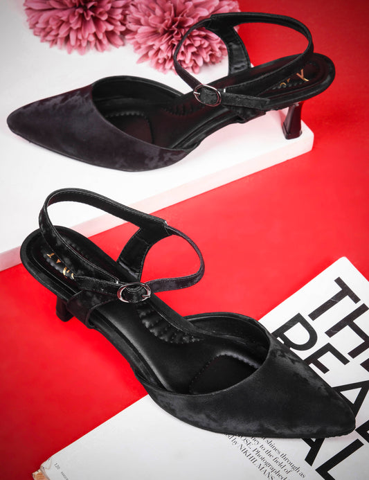 MiraMist Women’s Black Printed Heels | Stylish Pointed Toe Sandals with Ankle Strap | Party Wear & Casual Fashion Footwear
