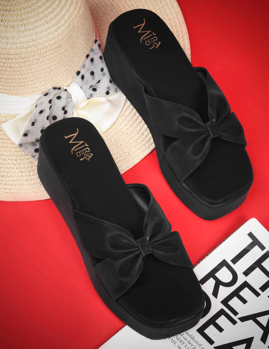 MiraMist Women’s Bow Knot Wedge Heels – Stylish Slip-On Casual & Party Wear Sandals with Soft Sole Comfort