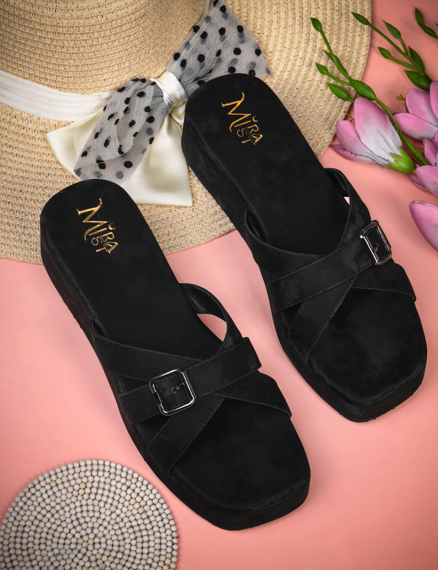 MiraMist Women’s Stylish Cross Strap Wedge Heels with Buckle | Comfortable Slip-On Sandals for Casual, Office & Party Wear