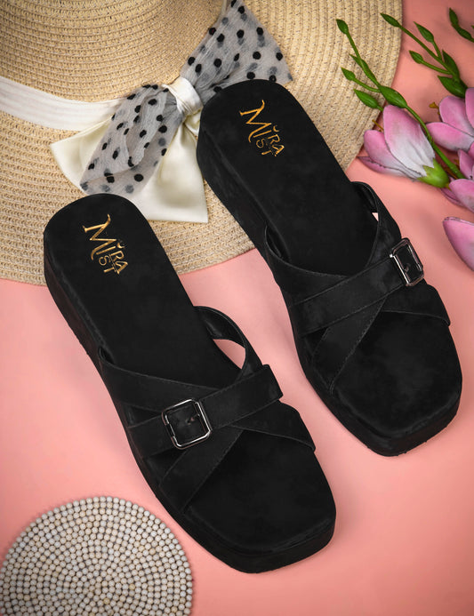 MiraMist Women’s Stylish Cross Strap Wedge Heels with Buckle | Comfortable Slip-On Sandals for Casual, Office & Party Wear