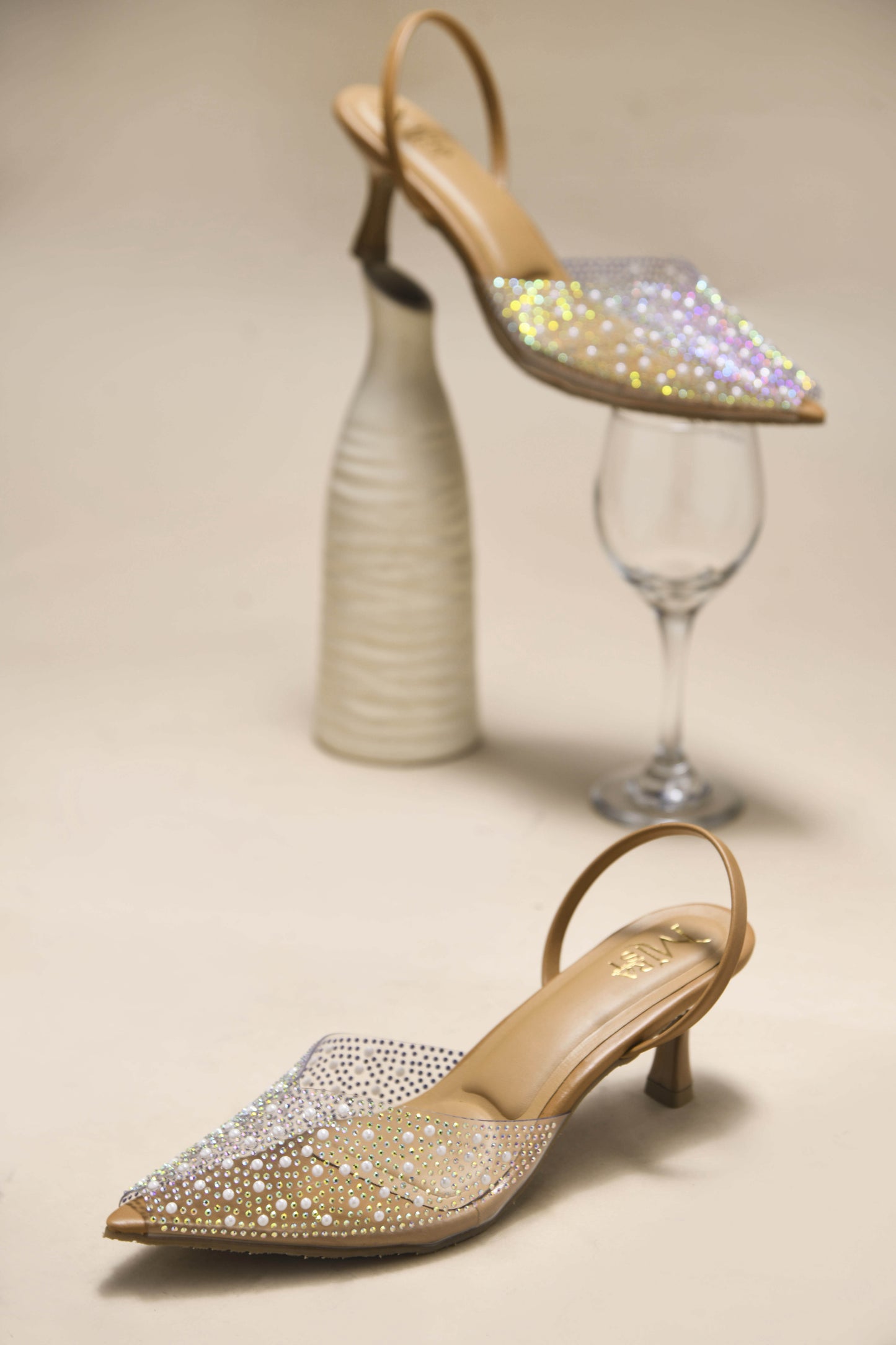 MiraMist Sparkling Pearled Slingback Kitten Heels