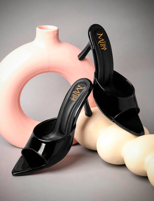 MiraMist Women’s Black Printed Heels | Stylish Pointed Toe Sandals with Ankle Strap | Party Wear & Casual Fashion Footwear