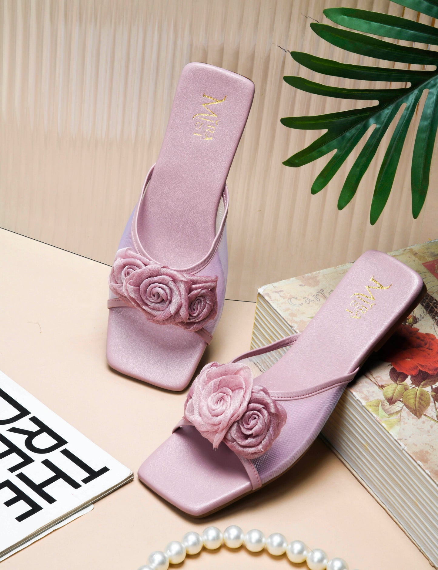Miramist Black Floral Mesh Slip-On Flats for Women – Comfortable Square Toe Summer Slides