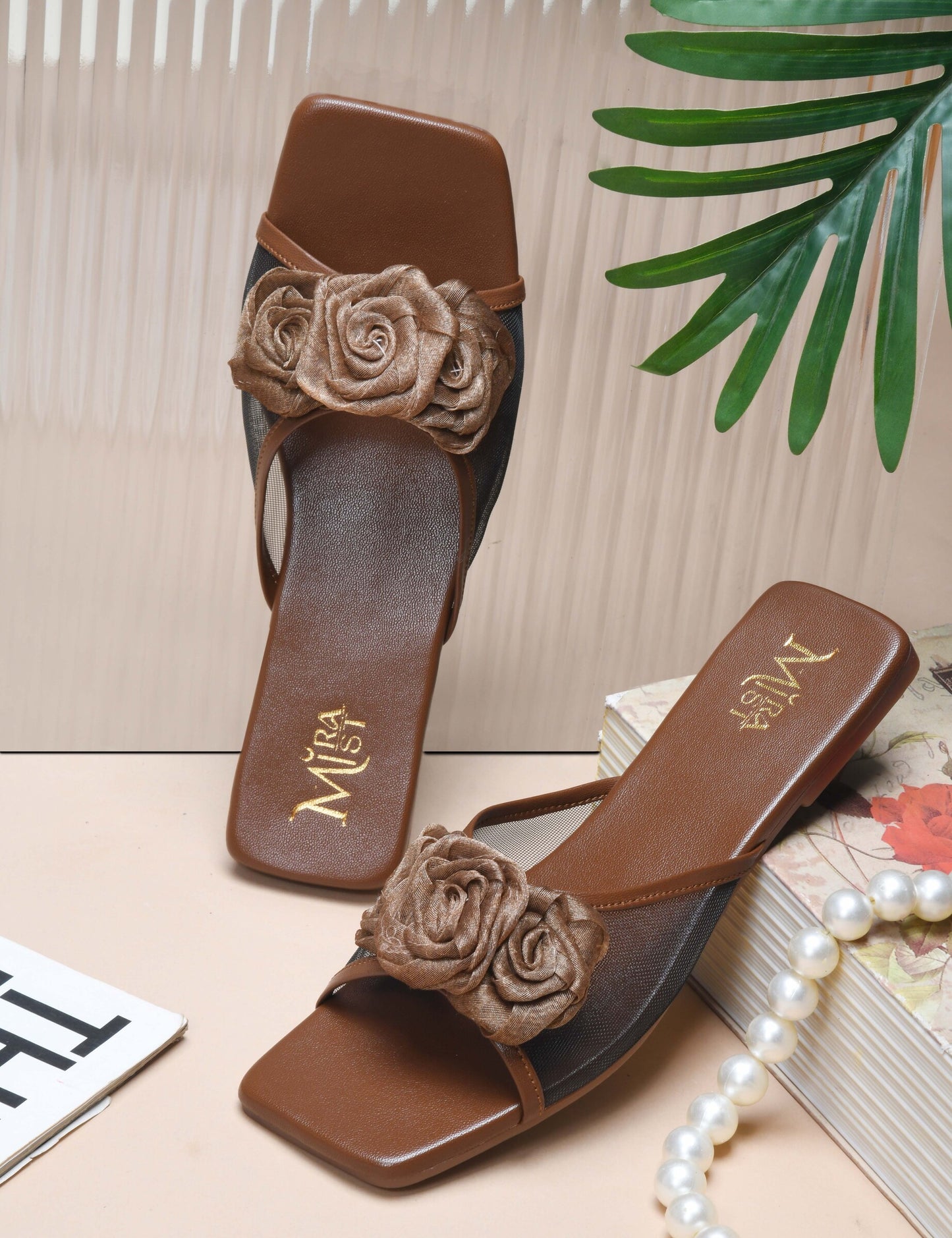 Miramist Black Floral Mesh Slip-On Flats for Women – Comfortable Square Toe Summer Slides