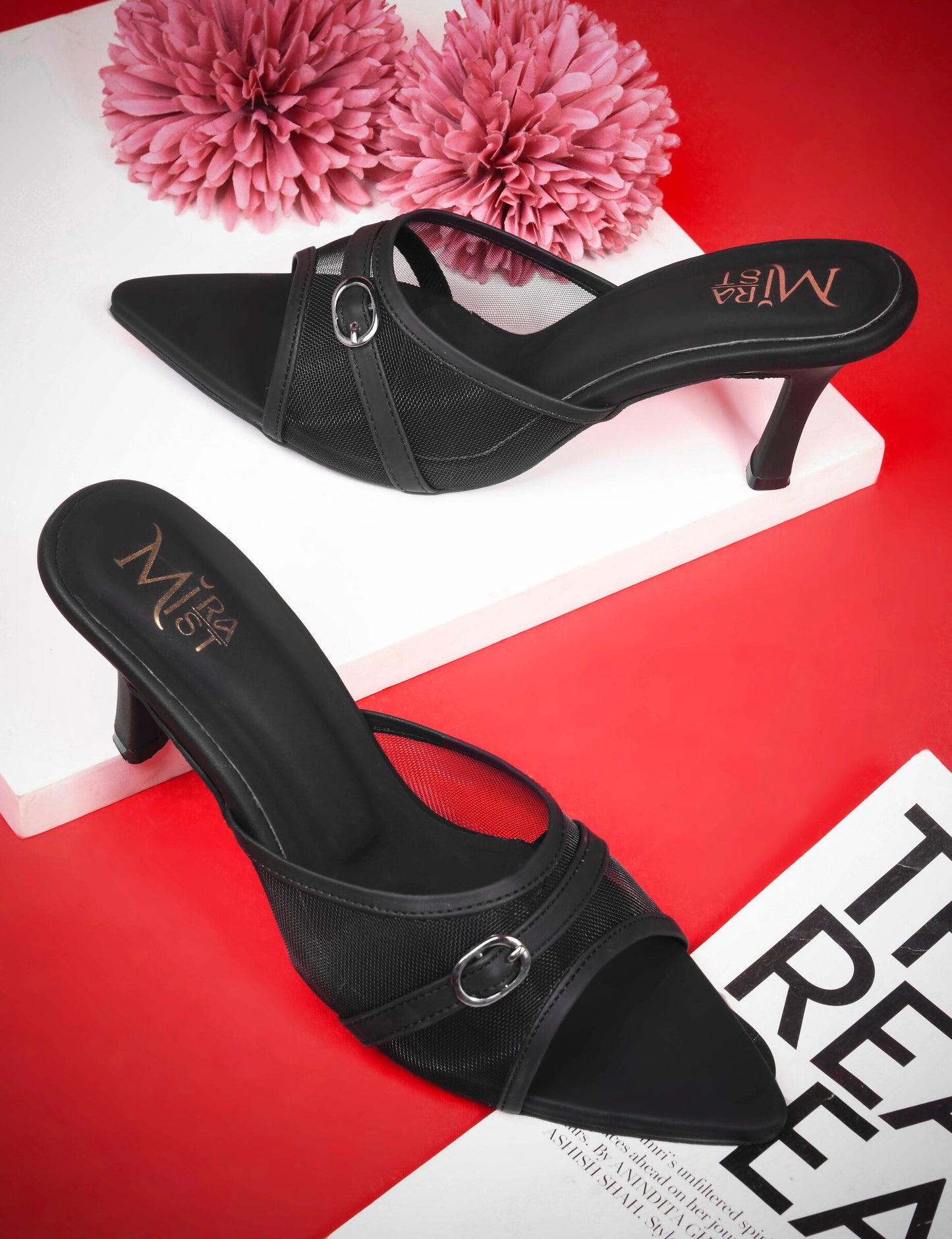 MiraMist Women’s Black Printed Heels | Stylish Pointed Toe Sandals with Ankle Strap | Party Wear & Casual Fashion Footwear