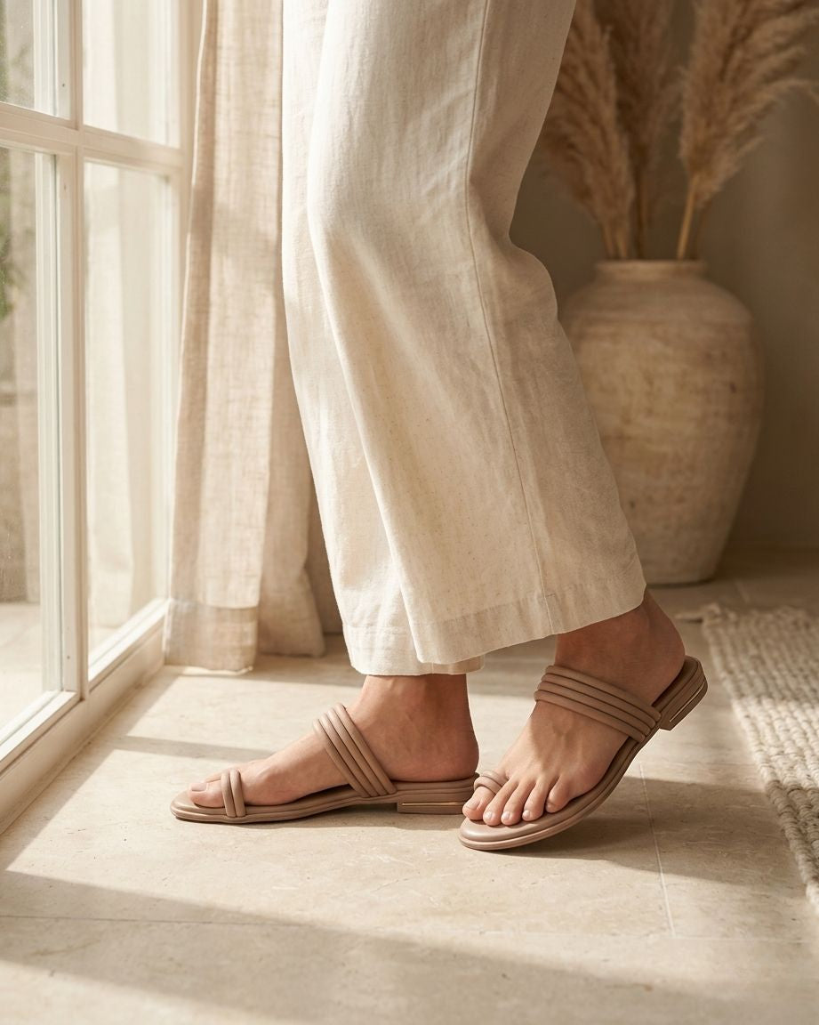 Women Stylish Flat Sandals with Toe Loop | Multi Strap Casual Daily Wear Slip-On Flats for Women | Comfortable Open Toe Sandals