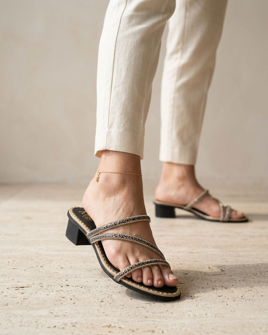 Women’s Designer Embellished Strap Heels | Party Wear Slip-On Sandals | Block Heel Dressy Footwear | Elegant Wedding & Festive Heels
