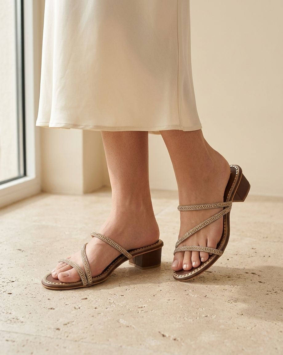 Women’s Designer Embellished Strap Heels | Party Wear Slip-On Sandals | Block Heel Dressy Footwear | Elegant Wedding & Festive Heels