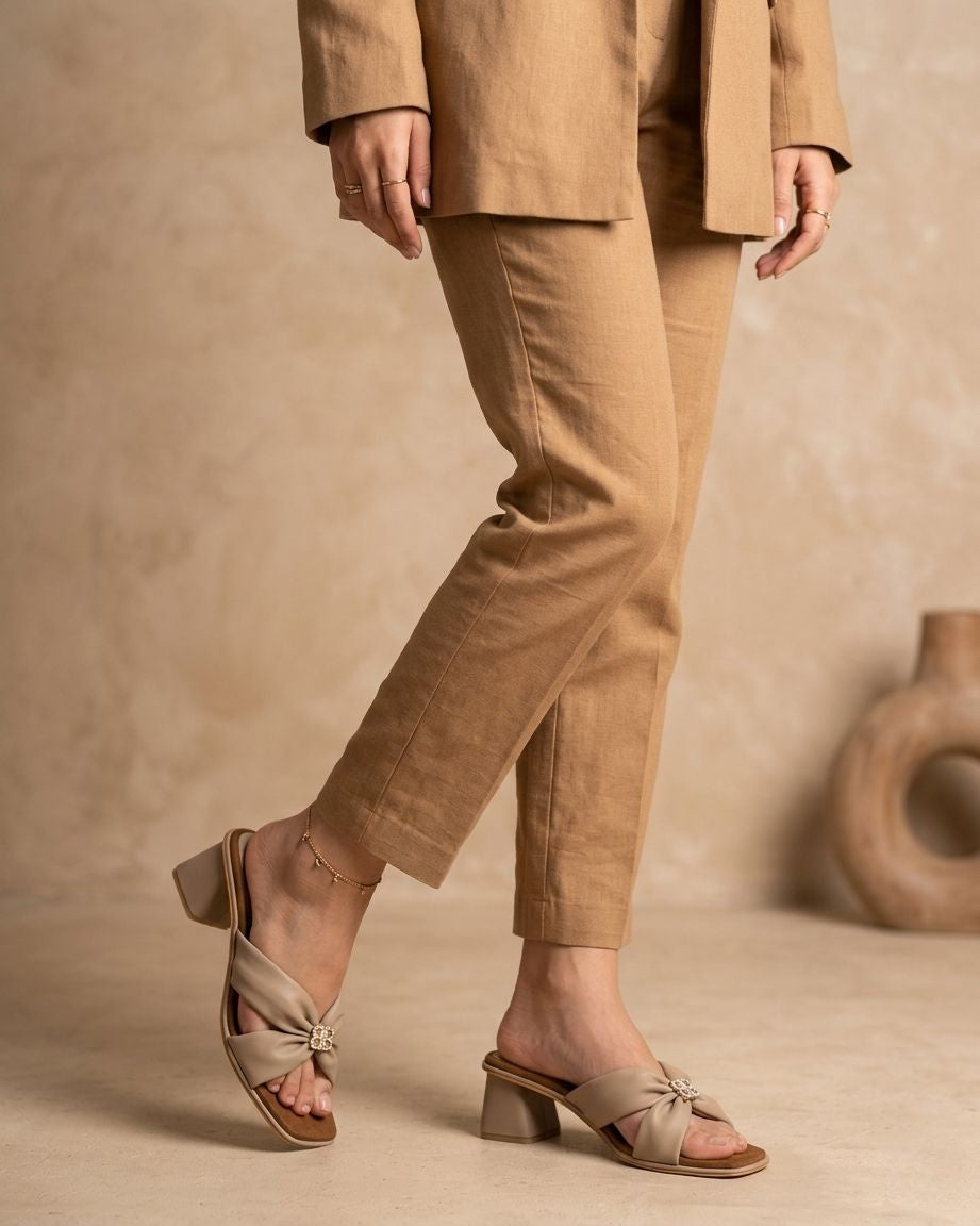 Women Stylish Bow Detail Block Heel Sandals | Designer Slip-On Heels | Party Wear Fancy Sandals | Comfortable Fashion Heels for Women