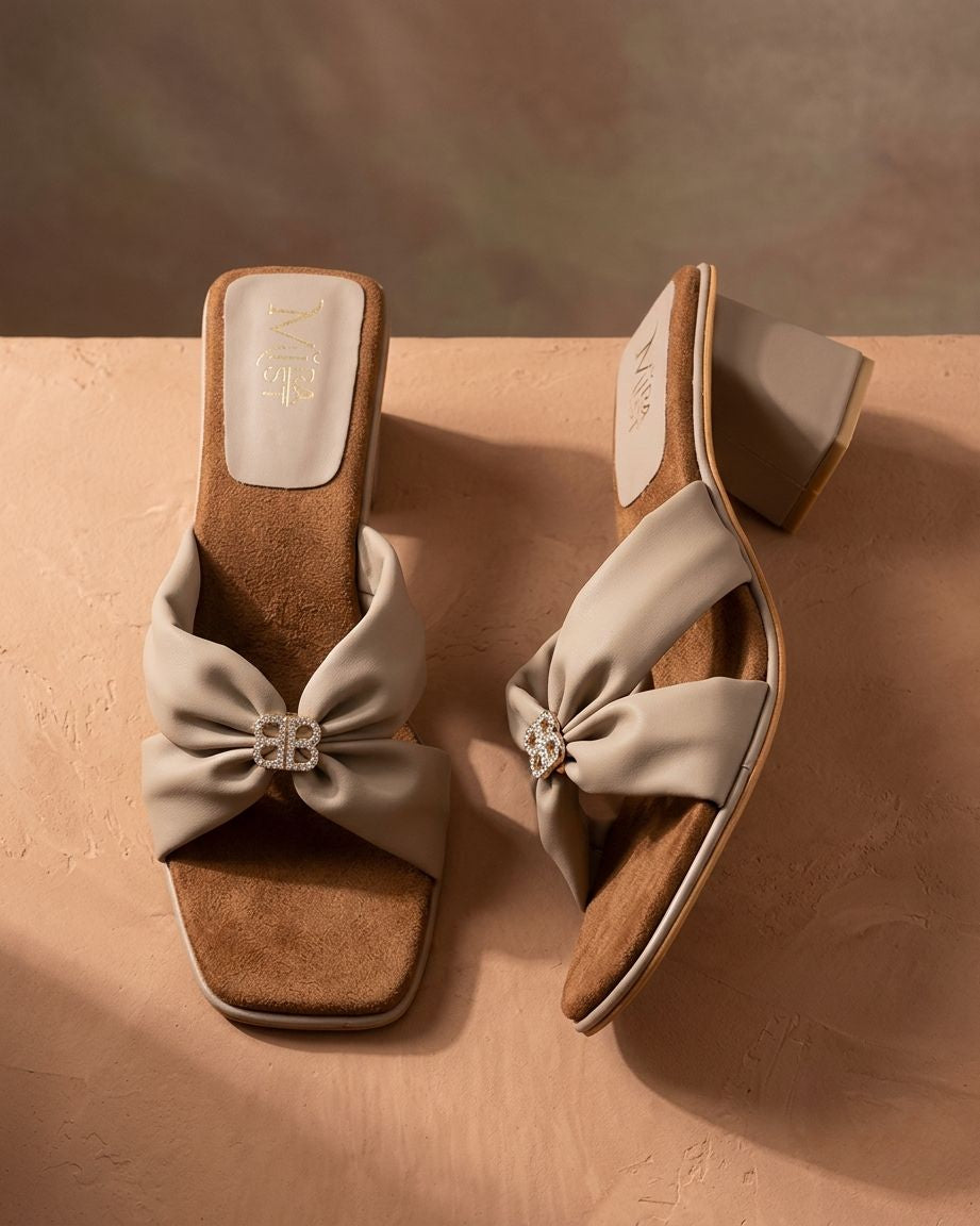 Women Stylish Bow Detail Block Heel Sandals | Designer Slip-On Heels | Party Wear Fancy Sandals | Comfortable Fashion Heels for Women