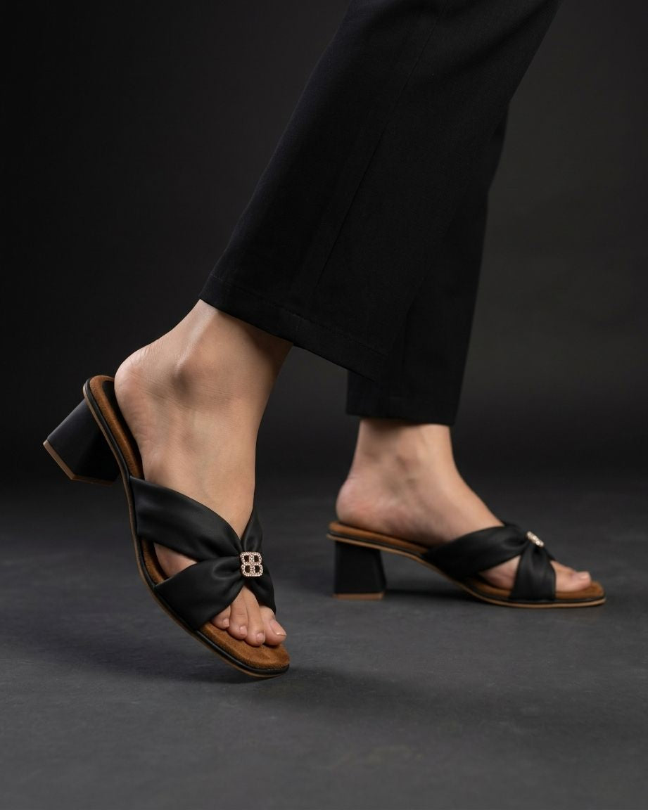 Women Stylish Bow Detail Block Heel Sandals | Designer Slip-On Heels | Party Wear Fancy Sandals | Comfortable Fashion Heels for Women