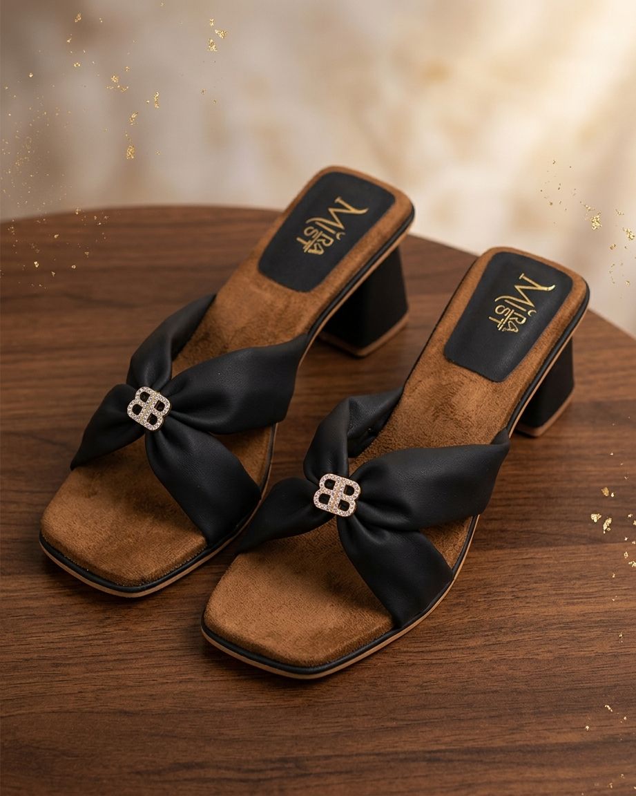 Women Stylish Bow Detail Block Heel Sandals | Designer Slip-On Heels | Party Wear Fancy Sandals | Comfortable Fashion Heels for Women