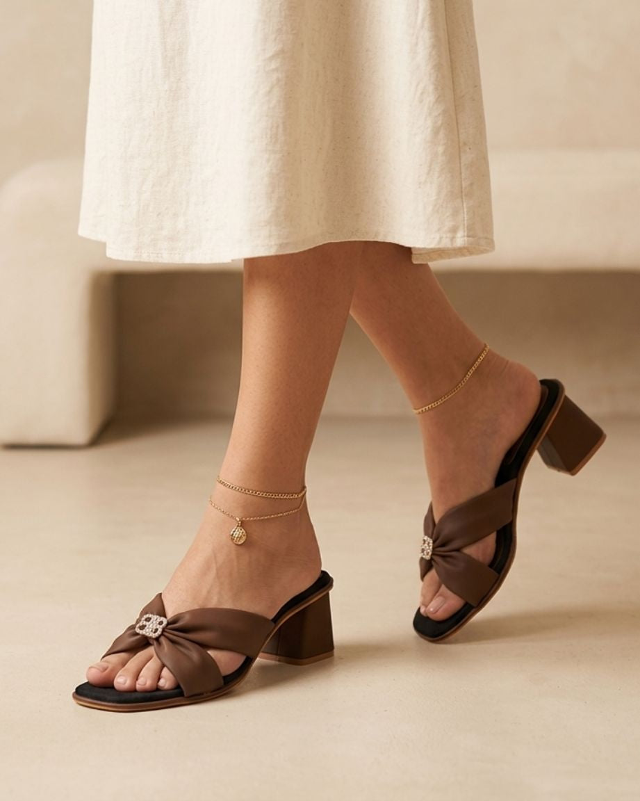 Women Stylish Bow Detail Block Heel Sandals | Designer Slip-On Heels | Party Wear Fancy Sandals | Comfortable Fashion Heels for Women