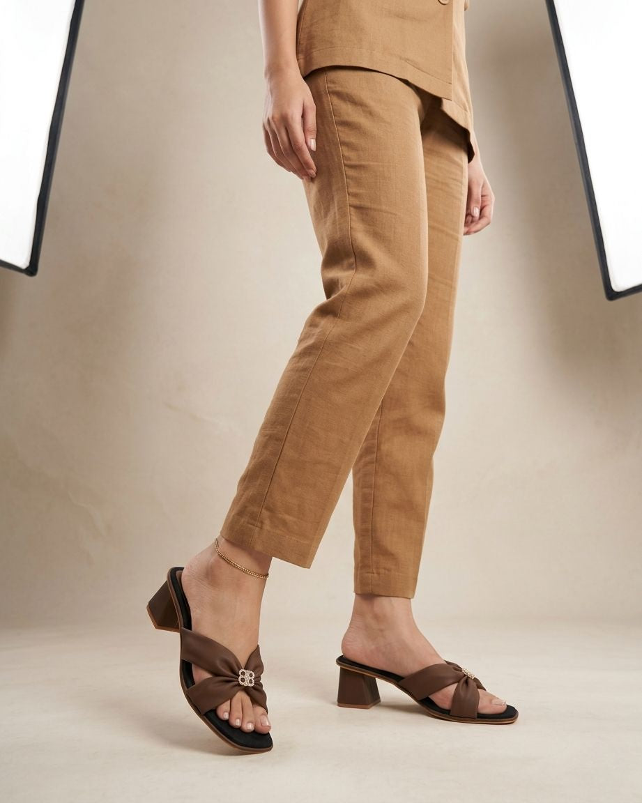 Women Stylish Bow Detail Block Heel Sandals | Designer Slip-On Heels | Party Wear Fancy Sandals | Comfortable Fashion Heels for Women