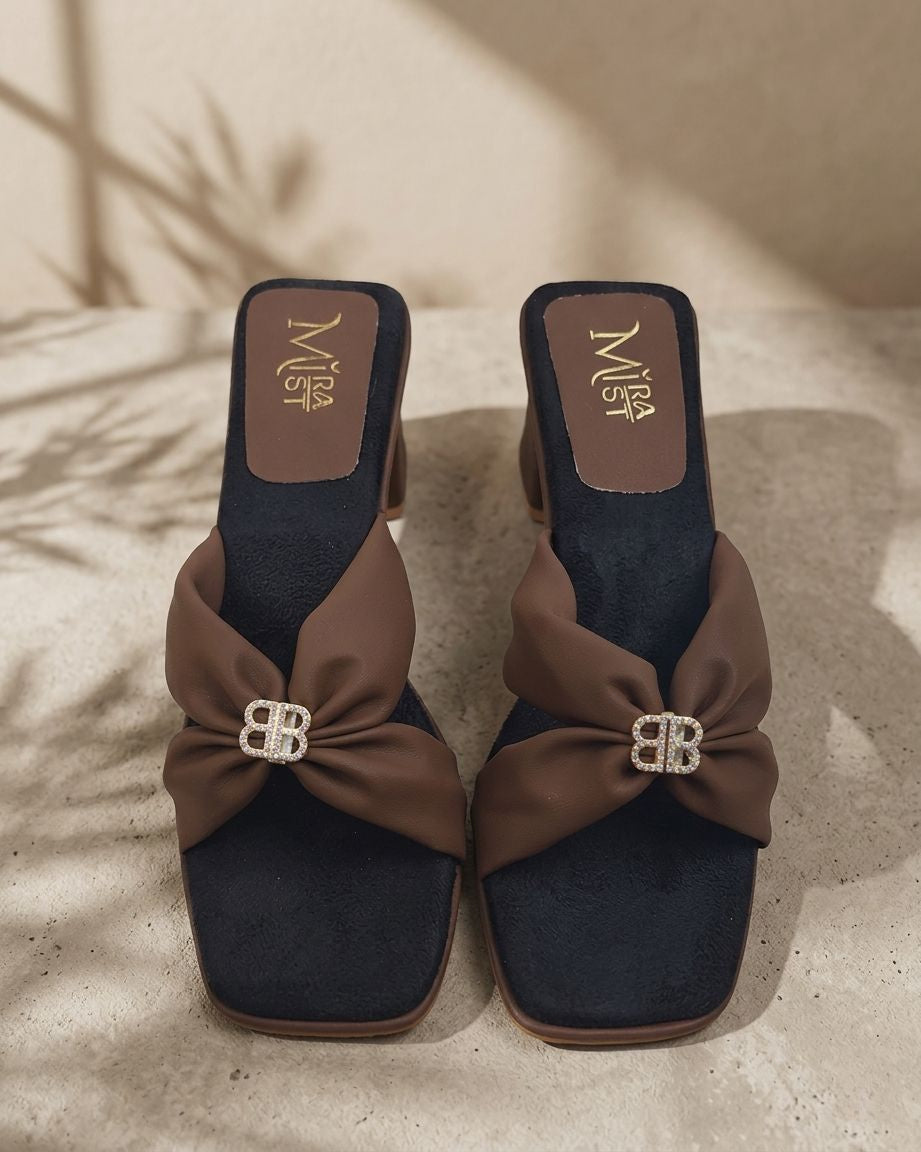 Women Stylish Bow Detail Block Heel Sandals | Designer Slip-On Heels | Party Wear Fancy Sandals | Comfortable Fashion Heels for Women